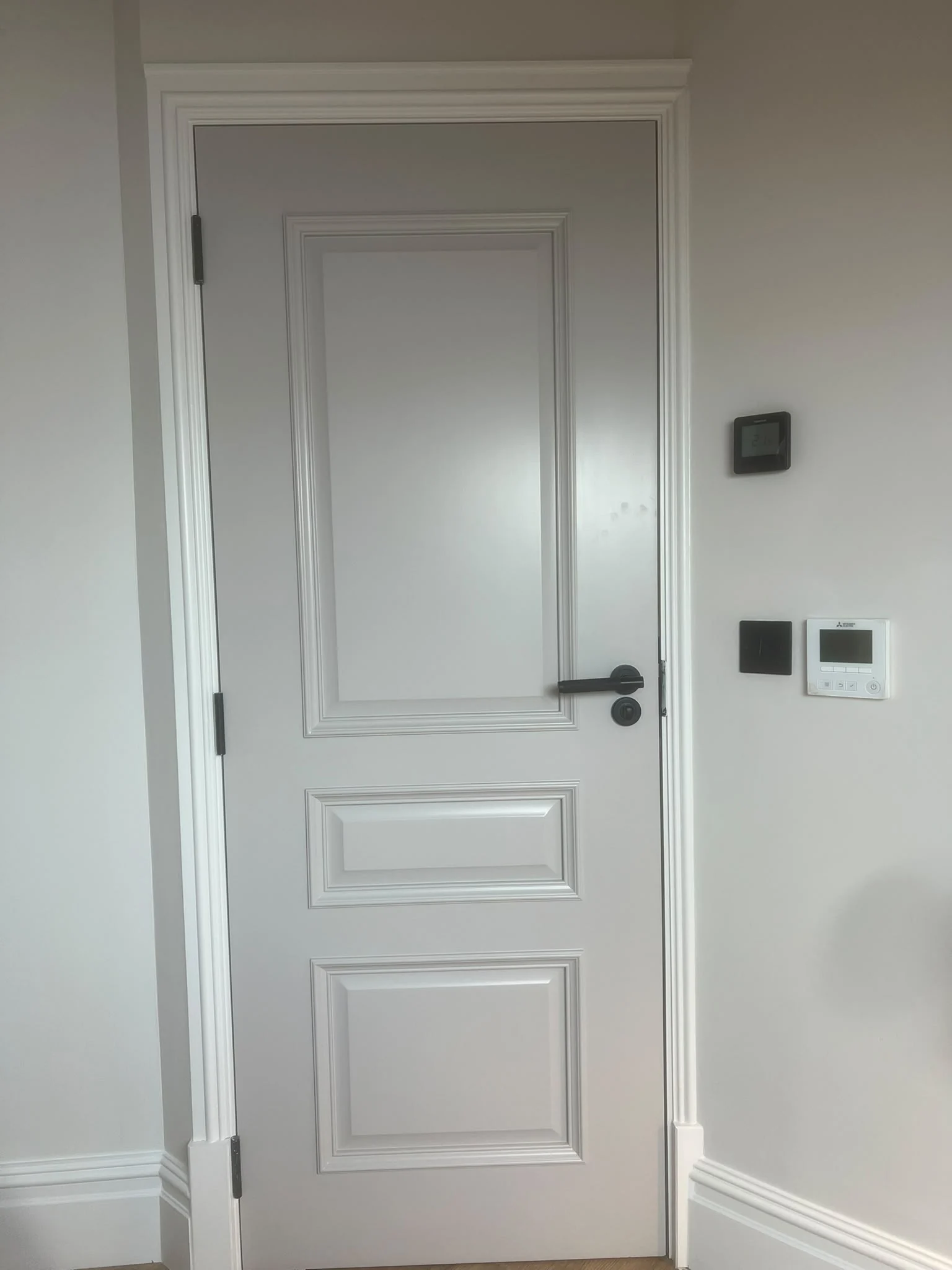 White panelled internal door with a dark handle, matching architraves and skirting boards